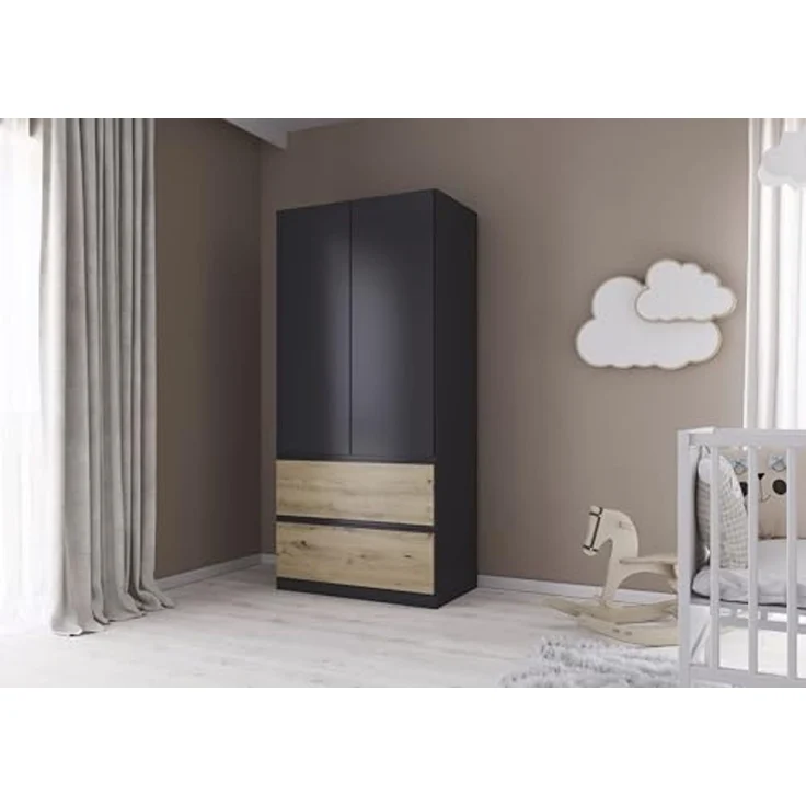 Rauch Möbel Costa, Kleiderschrank für Schlafzimmer, Kinderzimmer, Babyzimmer, Garderobe, Flur, 2-türig, 2 Schubladen, Push-to-Open, mit Zubehör Classic, Farbe Grau metallic, Schwarz, Breite 91 cm – Bild 4