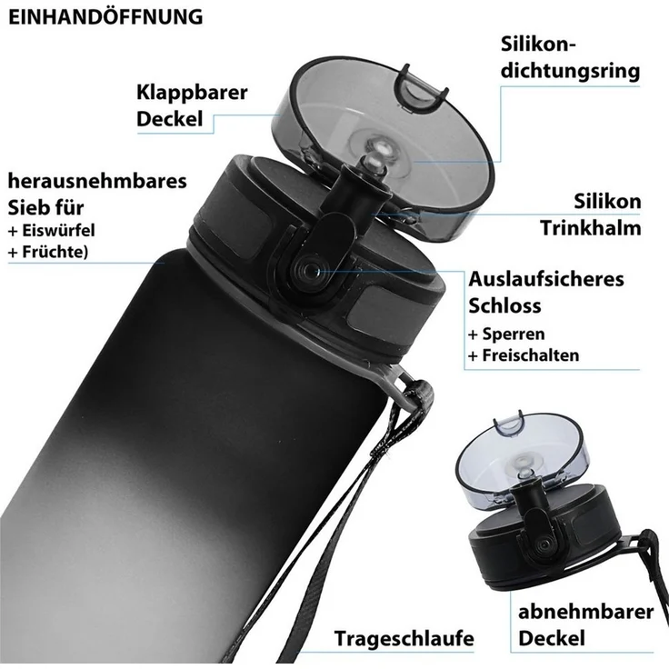 CEPEWA Trinkflasche Trinkflasche 1000ml PET PP PE 7,5x28cm schwarz weiß Handschlaufe Sieb – Bild 3