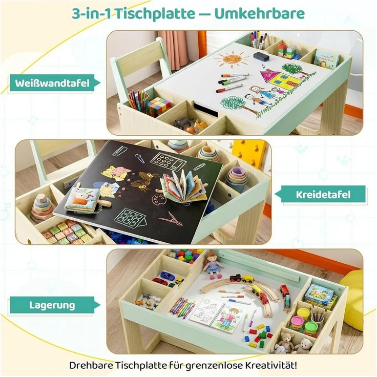 TLGREEN Kindertisch mit 2 Stühlen, Kindersitzgruppe (Kinder Tisch Stuhl Set mit wendbarer Tischplatte, 80 x 48 x 48 cm), Kinderschreibtisch für Schule, Kindertagesstätte, Kinderzimmer – Bild 4