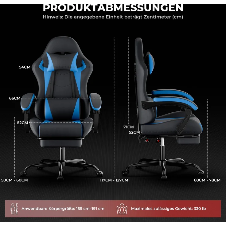 Faumrta Gaming Stuhl Ergonomisch Gaming Chair mit Lendenkissen und Kopfstütze, Gamer Stuhl H?henverstellbar, Pc Stuhl für Erwachsene M?dchen Junge,SchwarzblauPVC58.5cm*63cm*120.5cmBlack+Blue – Bild 3