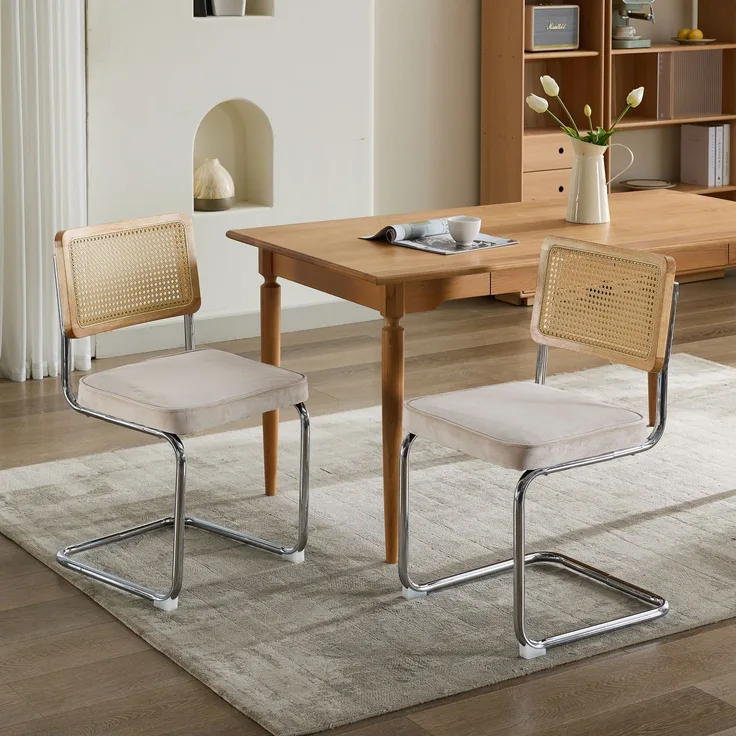 Freischwinger Stuhl Set 2er, Velvet & Rattan, Mid-Century Design mit Chromgestell, Esszimmerstühle Retro,Beige