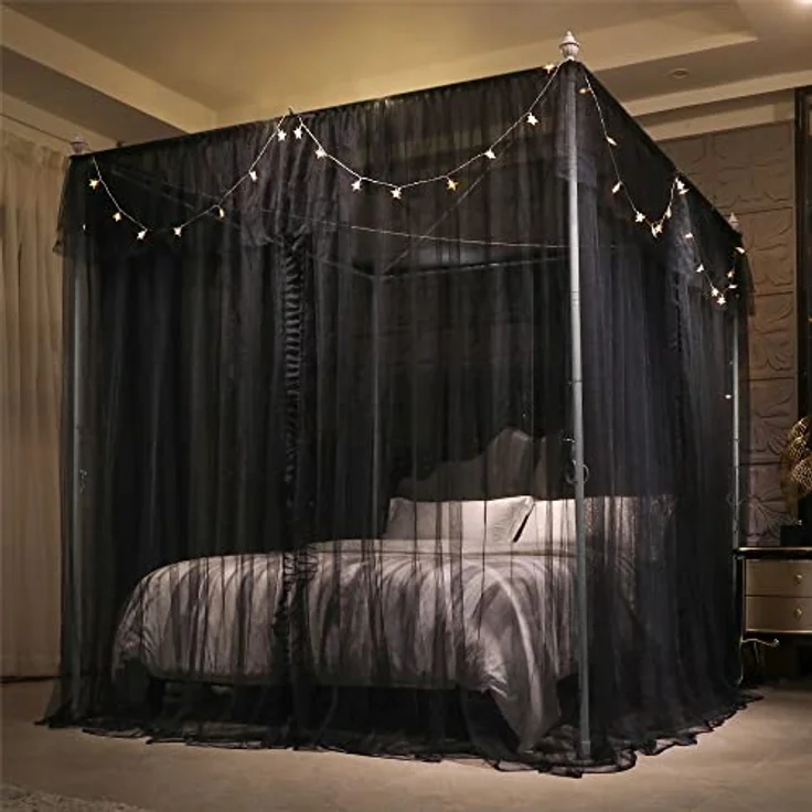 VETHIN 4 Ecken Pfosten Rüschen Prinzessin Bett Baldachin Vorhang, doppellagig, gemütlich, schwarz, 162.6 cm Bx208.3 cm Lx208.3 cm H/Q ueen – Bild 5