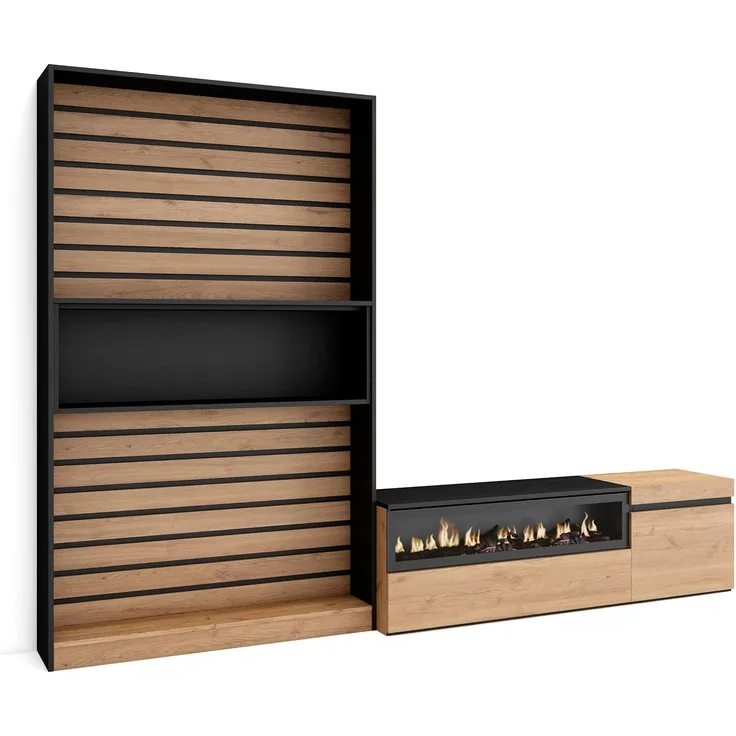 Skraut Home | Wohnwand Wohnzimmer | Wohnzimmermöbel, Möbelset | 260 x 186 x 35 cm | Für TV-Geräte bis zu 65" | Elektrokamin. | Moderner Stil | Eiche Schwarz