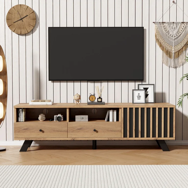 TV-Schrank 150 cm mit Holzmaserung in Natur & Schwarz – Fernsehschrank mit 2 Schubladen, 1 Schrank & offenen Fächern – Bild 2