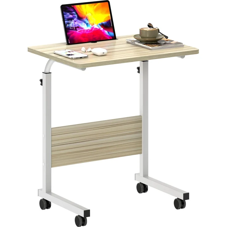 SogesHome Laptoptisch 60 * 40cm höhenverstellbar PC-Tisch mit Rollen, Betttisch, Beistelltisch ,Kleiner Schreibtisch,Desktop mit Nut,Weißer Ahorn 05#3-60MP-SH