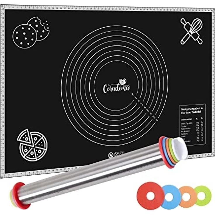 Coradoma Backmatte Backmatte 60x40 cm mit Teigroller Silikonmatte Backunterlage Teigmatte, Silikon – Bild 1