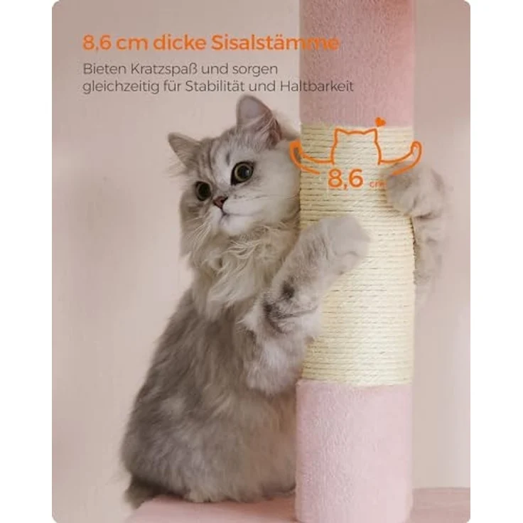 Feandrea Kratzbaum, 84 cm Katzenbaum, L, Katzenhaus für große Katzen bis zu 7 kg, große Plattform, 2 Katzenhöhlen, Sisalstämme, pastellrosa PCT061P01 – Bild 6