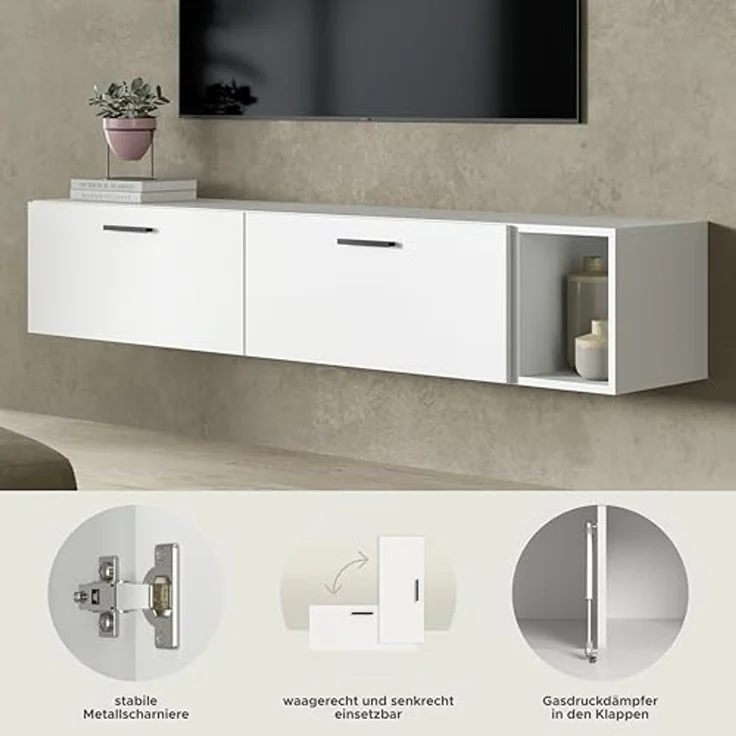 xonox. home – Wohnwand The One 75x34x34 cm in Weiß Nachbildung – Kompaktes Hängeregal mit 1 Tür, 1 Klappe und 5 Fächern – Modernes Design mit offenem Fach für Deko & vielseitigem Stauraum im Flur – Bild 6