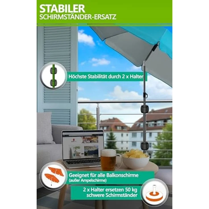 4smile Sonnenschirm Balkon SunnyJoy im 4er-Set - UPF 50+ Balkon Schirm + 2 x Sonnenschirmhalter Balkongeländer SunnyEasy + Sonnenschirmhülle - Sonnenschirm Strand 180 cm in Türkis – Bild 4