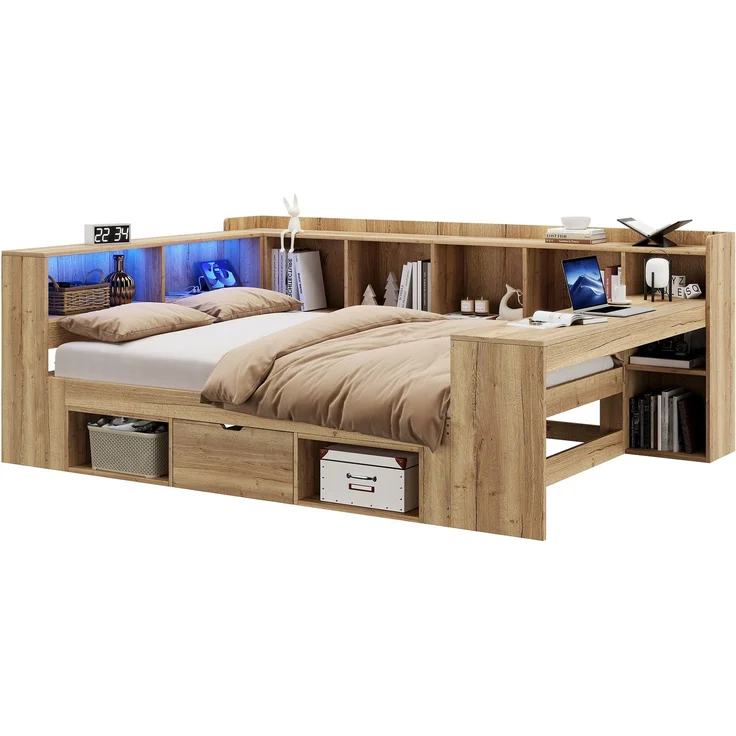 Merax Kinderbett, 140x200 cm Daybett, Tagesbett, Stauraumbett mit LED-Beleuchtung, USB Ladeanschlüsse und Schreibtisch, mit Regale & Schubladen, Naturfarbe – Bild 10