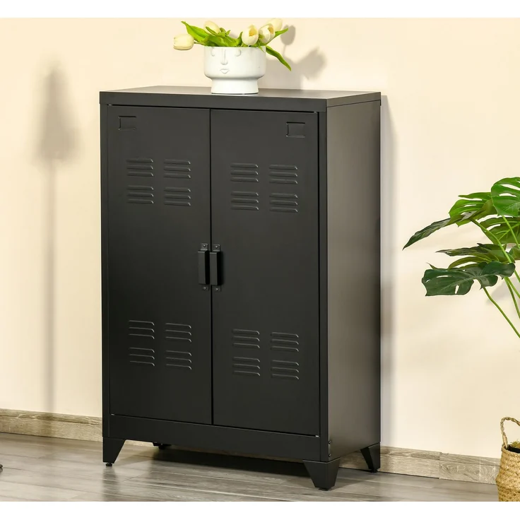 MELAYR, Aktenschrank Metallschrank Mehrzweckschrank mit magnetischer Lamellen-Doppeltür, 75 x 33 x 110 cm, Schwarz – Bild 4