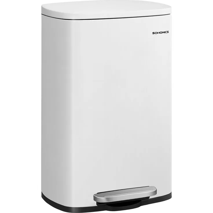 SONGMICS Mülleimer Küche, 50 Liter, Abfalleimer, Treteimer, mit Deckel, Softclose, Fußpedal, Stahl, Inneneimer, weiß LTB101W01