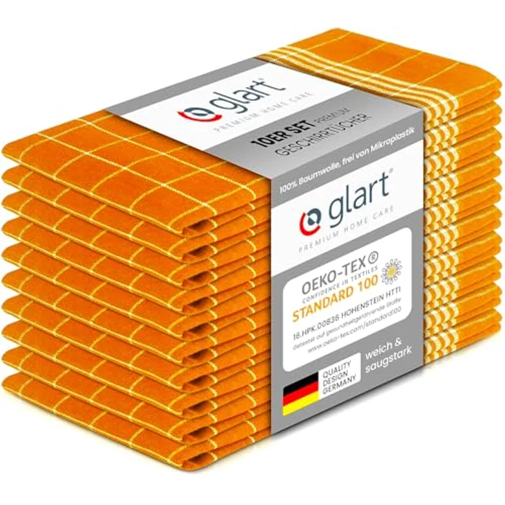 Glart 48YI2 10er Set Küchentücher 50x70 cm aus 100% Baumwolle in gelb, Oeko-TEX Standard 100 Zertifiziert, fusselfrei, waschbar, vorgewaschen für die Küche und Abwasch – Bild 1