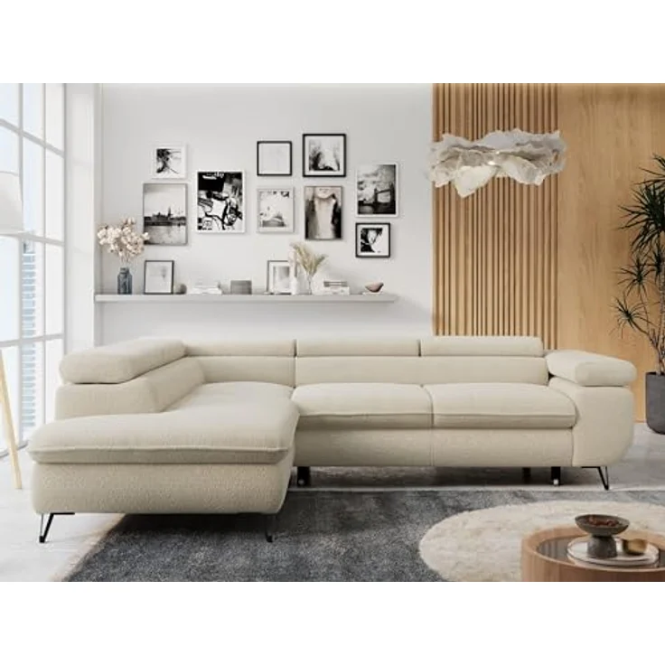 Mks Möbel 'Peter L-form' Ecksofa mit Bettfunktion, Bettkasten & einstellbaren Kopfstützen, Beige, Boucle, links – Bild 3