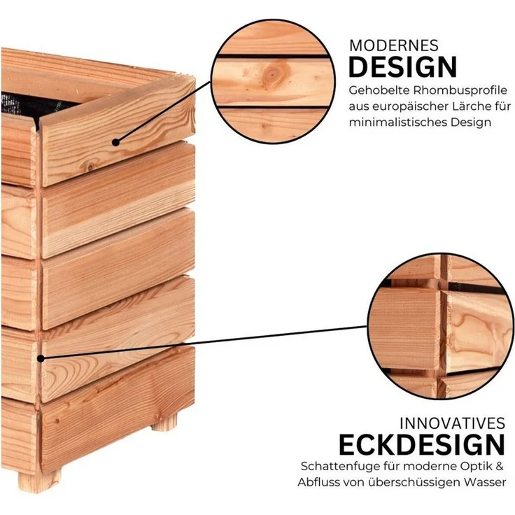 Mega-Holz Pflanzkübel Modulo aus Lärchenholz - Naturbelassener Blumenkasten für den Garten (DIY-Set), 90 x 30 x 39 cm, 105 L Fassungsvermögen – Bild 2