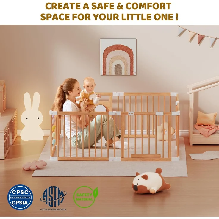 Laufstall Baby Holz mit Spielcenter–160 x 160 x 61 cm Verstellbare Größe & Form Laufgitter, Faltbarer Laufstall aus Holz, Spielzaun mit Tor für Babys und Kleinkinder – Bild 7