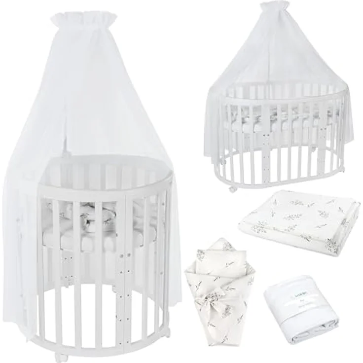 Waldin Oval Baby-Bett Mitwachsend Komplett Set 7in1, Gitterbett, Kinderbett mit Matratze, Wickelkommode, Beistellbett, Holz Weiß, Stoffe Weiß Zweige – Bild 2