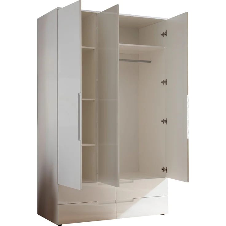 Kleiderschrank >Spice< 3 Türen, 4 Schübe, in Weiß / Weiß Hochglanz - 126x208x57 (BxHxT) – Bild 3