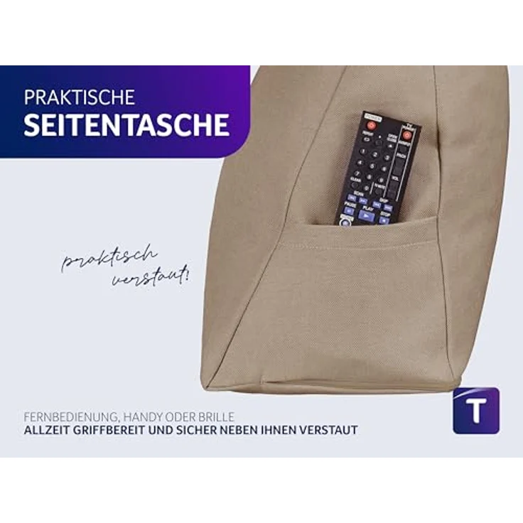 Traumnacht Cozy Rückenkissen, Lesekissen,abnehmbarer, waschbarer Bezug aus 100% Polyester,praktisches Seitenfach,Öko-Tex zertifiziert,produziert nach deutschem Qualitätsstandard,70x40 cm, hellbraun, – Bild 7
