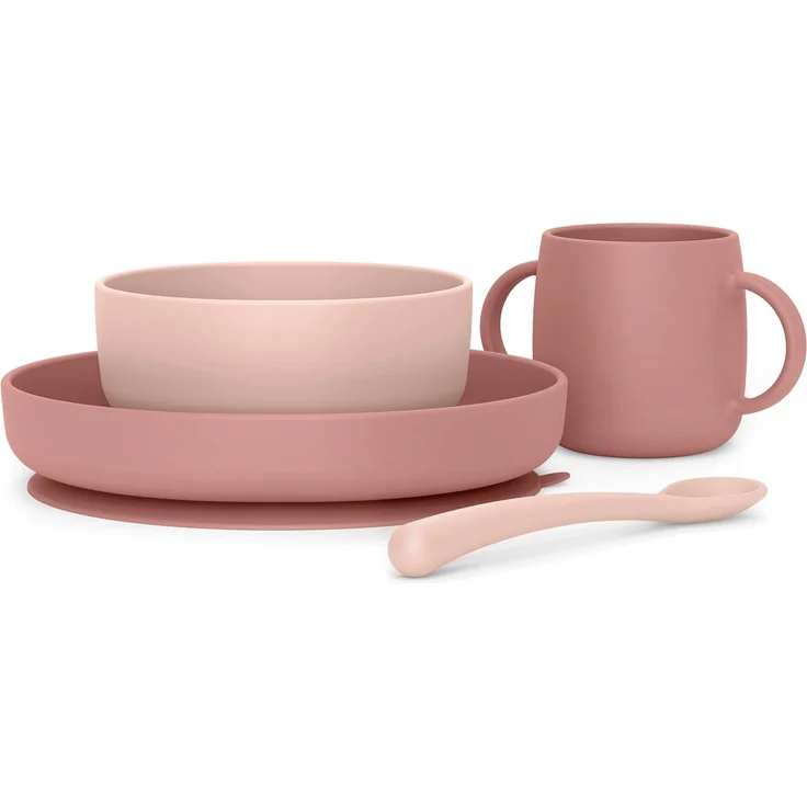 Suavinex, Kindergeschirr Set, Baby-Essensset, Silikongeschirr, Kinderteller mit Saugnapf. Teller + Schüssel + Löffel + Tasse. Lebensmittelgerechtes Silikon, Spülmaschinenfest, Mikrowellengeeignet Rosa
