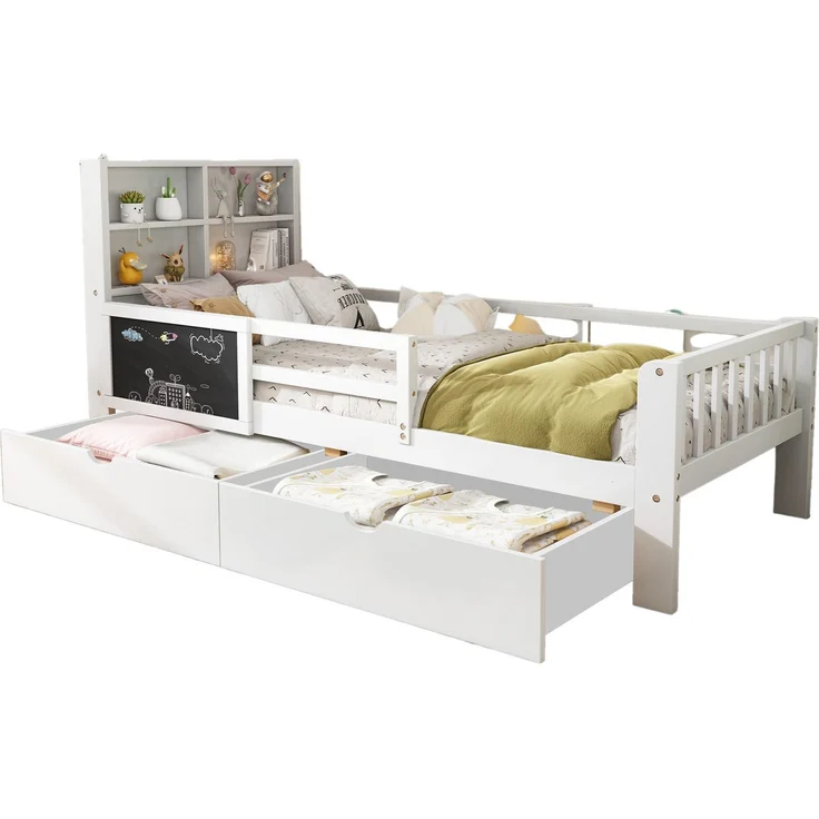 Kinderbett mit Rausfallschutz, Lattenrost und Schubladen, 90x200 cm, Jugendbett, Kiefer – Bild 6