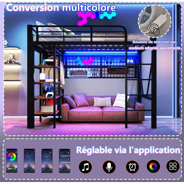 EINHOM Hochbett, 90 x 200 cm, Eisenrahmen, Ablagefach, Netz zum Aufhängen von Gegenständen, mit Kleiderstange, Offener Raum unter dem Bett, mit LED-Lichtleiste, Schwarz (Ohne Matratze) – Bild 4