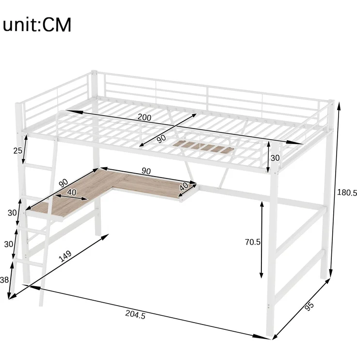 Hochbett, 90x200cm Bettgestell Metallbett, Eisenbett, Hochbett mit L-förmigem Schreibtisch und einem Regal für Kinder, Jugendliche und Erwachsene, Ohne Matratze, Weiß – Bild 6