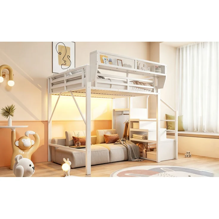 ZUBALIYA Hochbett 140 × 200 cm, Metall, LED-Beleuchtung, Leiter, Weiß – Bild 9