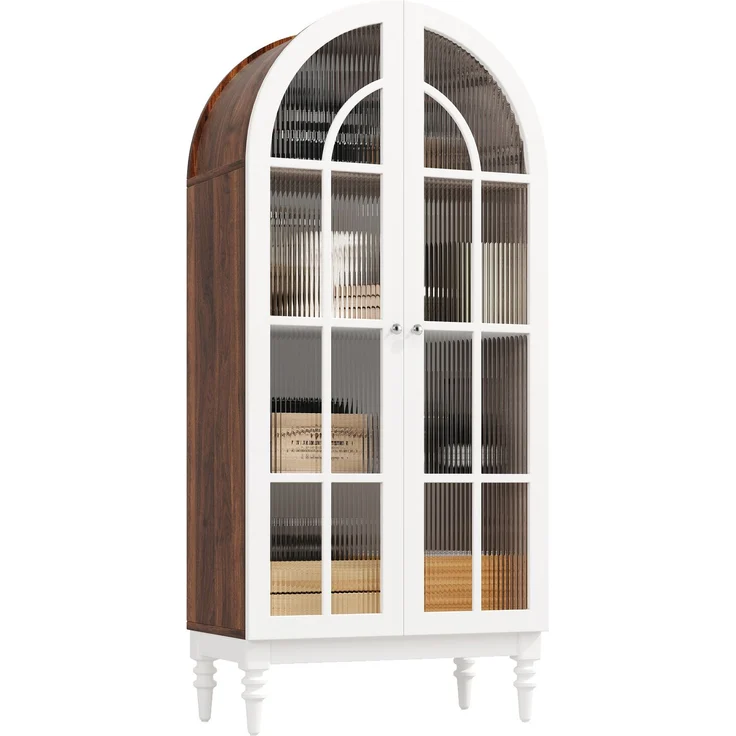 2-set Bogen-Vitrinenschrank 165cm mit Riffelglas-Doppeltüren, 3 Einlegeebenen, 2 Farben (Nussbaum+Weiß)--Weiß--76x38.5x165cm--YOUDENOVA – Bild 8