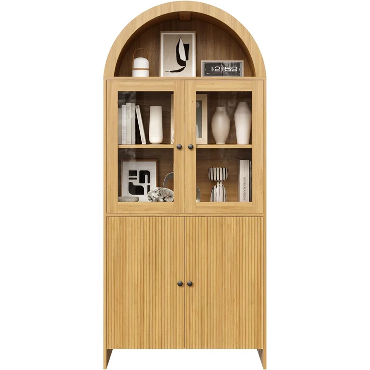 Sideboard mit Bogendecke , Vitrine mit Glastüren , Geschlossener Aufbewahrungsschrank mit Wellenmuster , Wohnzimmerschrank--Natürlich--78x40x176cm--YOUDENOVA – Bild 1