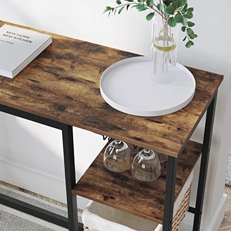 Vasagle Bartisch, 110 x 40 x 90 cm, mit Halterungen für Weingläser und Flaschen, Vintagebraun/Schwarz LBT013B01 – Bild 8