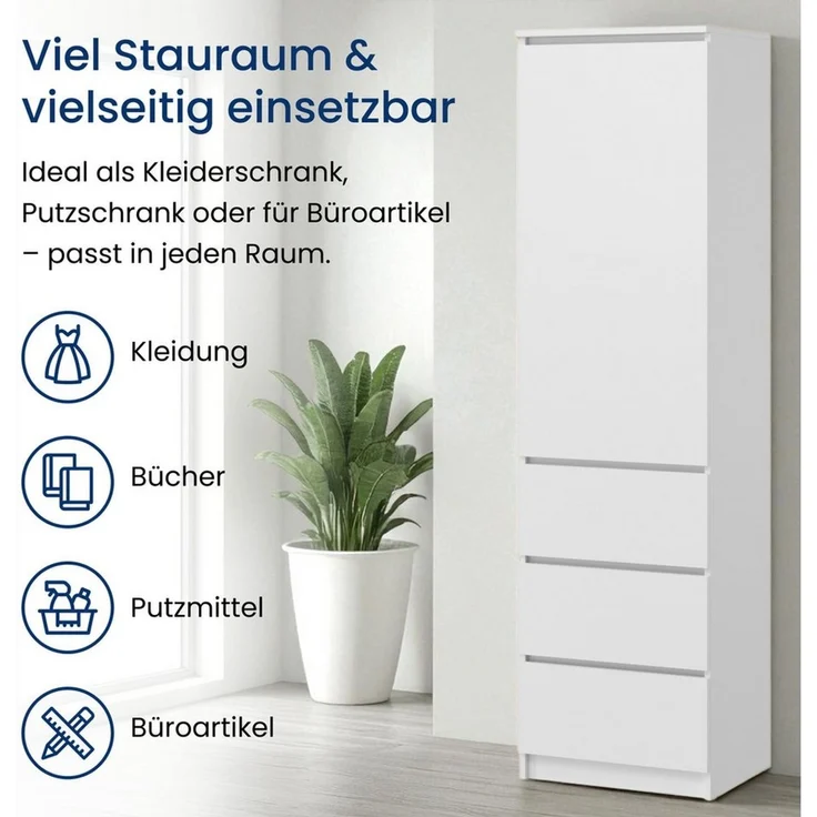 Home Collective Kleiderschrank Mehrzweckschrank Garderobenschrank mit 3 Einlegeböden & 3 Schubladen (ideal für Schlafzimmer, Flur oder Arbeitszimmer) platzsparender & vielseitiger Schrank 50x40x180 cm (BxTxH), weiß – Bild 2
