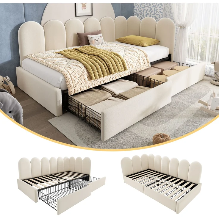 EINHOM Polsterbett Einzelbett mit Schubladen Stauraumbett Samt Daybett Tagesbett Schlafsofa 90 x 190 cm mit Lattenrost Jugendbett und Erwachsene Kinderbett, Beige (Ohne Matratze) – Bild 1