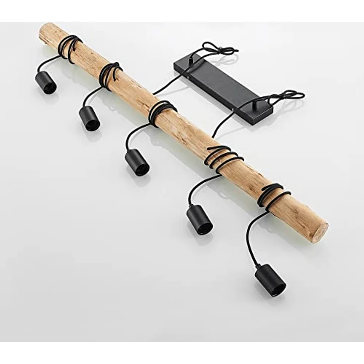 Lindby Hängeleuchte Rom, 5-flg. Pendelleuchte aus Holz und Seil, Schwarz, 116 cm, Vintage-Optik – Bild 6