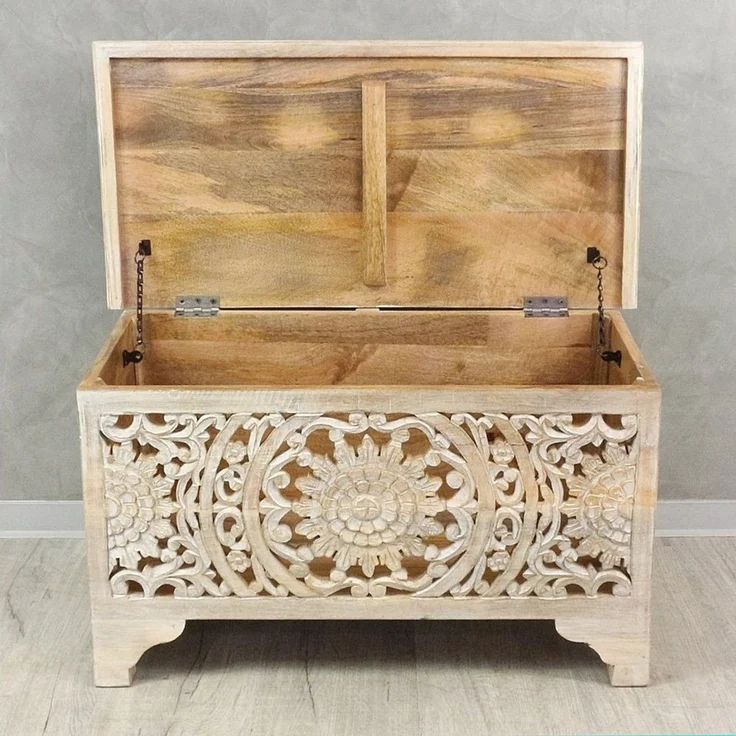Oriental Galerie Truhe Indische Truhe Schnitzerei weiß 80cm, Holztruhe, Couchtisch mit Fach, Truhentisch Wohnzimmer Holz – Bild 3