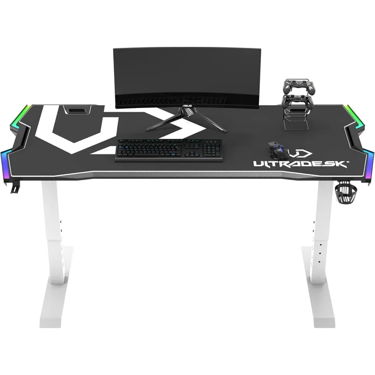 ULTRADESK Force | Ergonomischer Gaming-Schreibtisch mit großer Arbeitsfläche & XXL-Pad, 2 Kabeldurchlässe | Ablage für Powerstrips, LED-RGB-Prismenbeleuchtung | Stahlrahmen, Weißes Pad, 166x70 cm