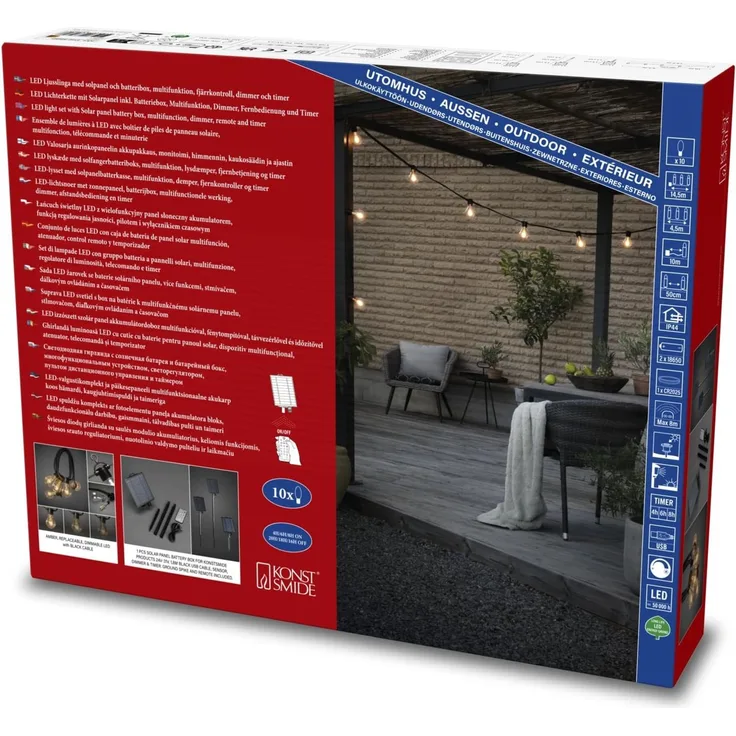 KONSTSMIDE LED-Lichterkette LED Solar Biergartenkette, 10 bernsteinfarbene Dioden, Timer, 10-flammig, Fernbedienbar Dimmbar, 8 Lichtfunktionen, Solarbox über USB aufladbar