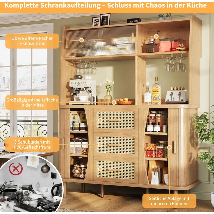 Merax Hochwertiger Buffetschrank mit Rattanoptik & Glasschiebetüren, 174,5cm hoher Küchenschrank mit Stauraum, Naturholz-Optik, belastbar bis 60kg – Bild 5