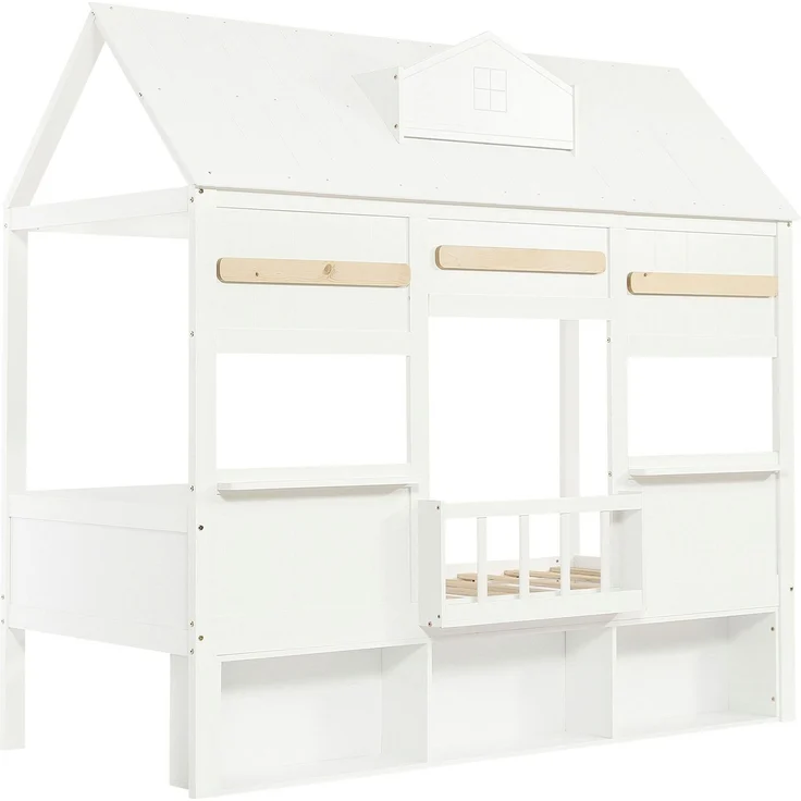 Hausbett mit Bücherregal, Dach und Lattenrost, 90x200 cm, Kinderbett mit Rausfallschutz, Massivholzbett, Kiefer – Bild 8