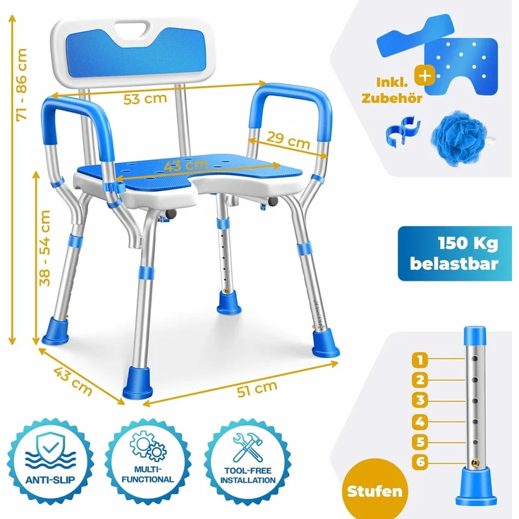 KESSER® Duschhocker mit Lehne, höhenverstellbar in 6 Stufen, 38-54cm, 150 kg belastbar, Anti-Rutsch Füße & Matten, Duschhilfe Senioren & Schwangere Duschsitz mit Brausehalterung, Weiß / Blau, 43 x 51 x 71-86 cm – Bild 7