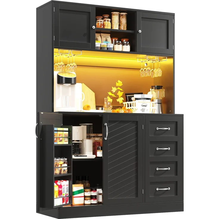 Seitenboard / Aufbewahrungsschrank / Küchenschrank / Buffetschrank, 120x40x188cm, mit LED-Beleuchtung, Snackregal & Getränkehaltern, 4 Türen & 2 große Schubladen, Grün/Schwarz/Weiß--Schwarz--120x40x188cm--YOUDENOVA – Bild 10