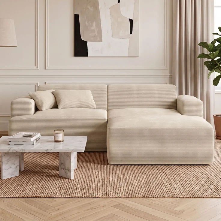 skølm 'Freki' Cloud Sofa 2 Sitzer mit Hocker, Vollschaumcouch mit Federkern und Vakuum-Kompression, kein Aufbau erforderlich, mit 2 Kissen, Cord beige – Bild 1