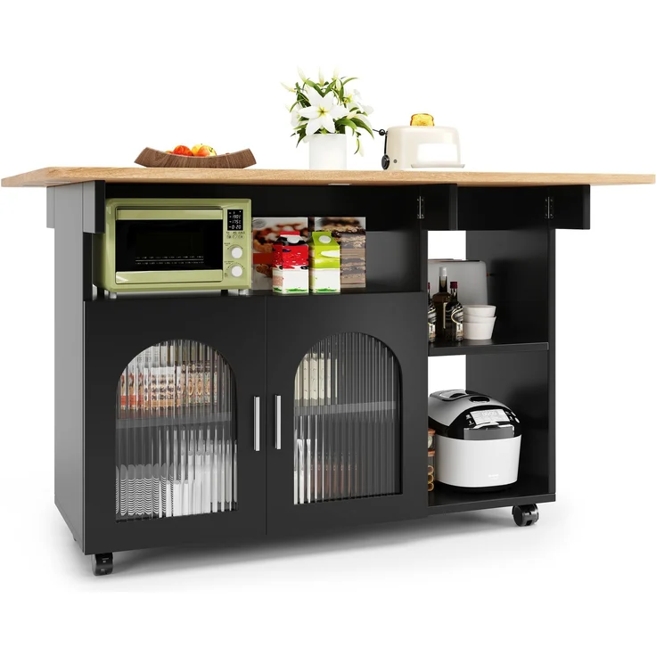 Kücheninsel,Modernes Küchensiland, Küchenschrank, Abnehmbare Servierwagen buffetschrank, Speisewagen mit Holzmaserung, buffetschrank, Multifunktionale Esstisch mit Speicherraum, Schwarz – Bild 7