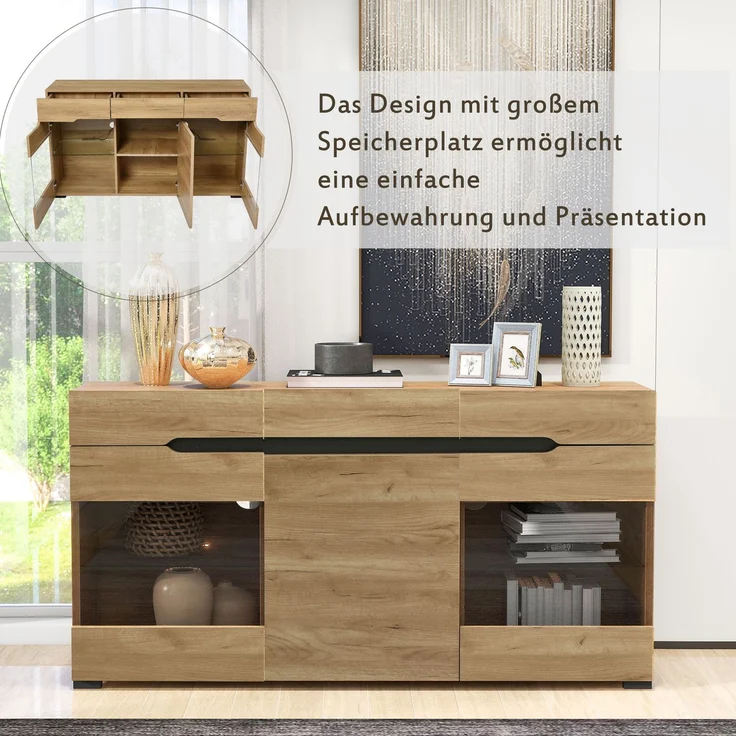 Merax 140cm Sideboard Schrank Modern Wohnzimmer Anrichte Möbel 3 Türen 3 Schubladen Moderne Kommode mit viel Stauraum – Bild 6