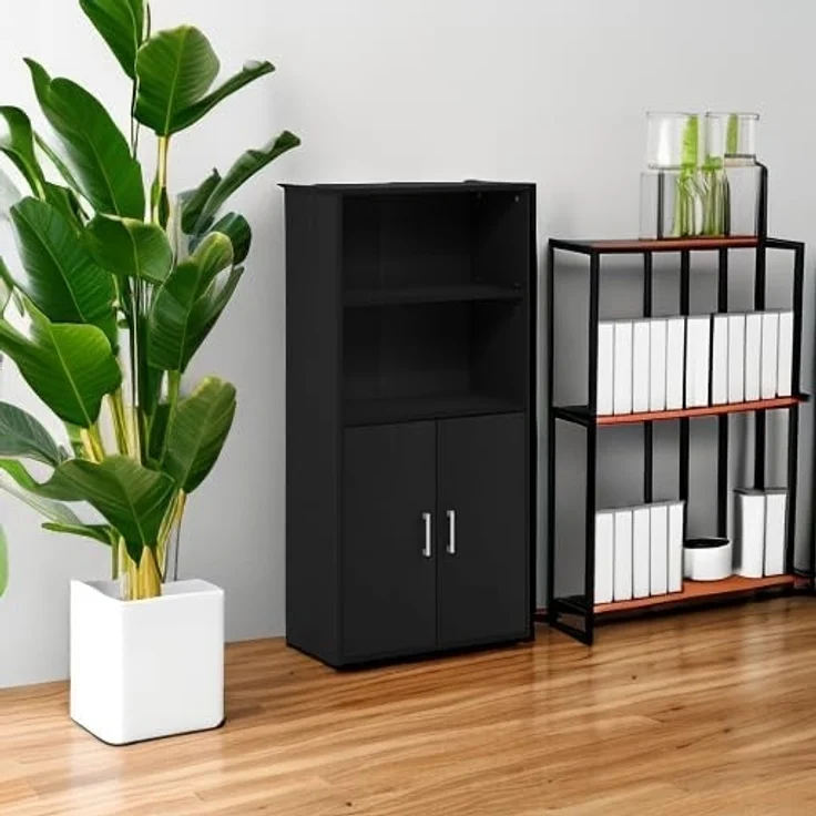 Furinno Pasir Bücherregal mit 2 Offenen Einlegeböden und 2 Türen, Schwarze Eiche – Bild 6