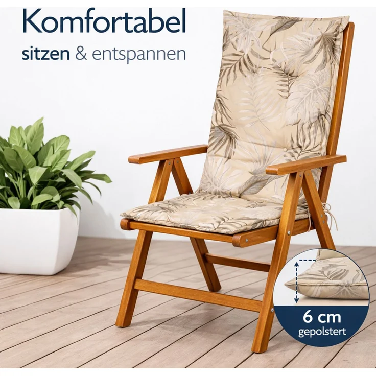 BURI 2x Hochlehner Auflage 117x49x6 cm - wetterfeste Gartenstuhlauflage mit Schaumkern & Vollvlies, Halteband & Bindebänder, bequemes Stuhlpolster für Balkon, Terrasse & Garten (Beige-Blätter) – Bild 3