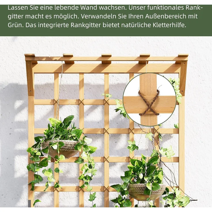 Aoxun Hochbeet mit Rankgitter & hängendem Dach, Hochbeet mit Rankgitter & Drainagelöchern & Seil, Pflanzkasten für Kletterpflanzen hängende Körbe Pflanzkübel für Gemüse 90 x 48 x 183 cm, Gelblich-brau – Bild 3