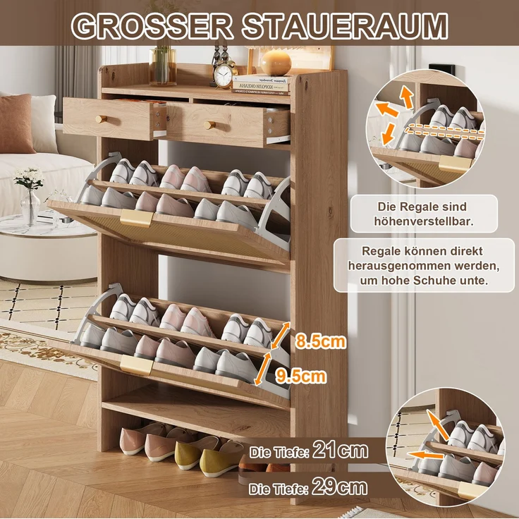ZUBALIYA Schuhschrank (65 x 25 x 106 cm), 2 Klappfächer und 2 Schubladen, Fronten in Flechtoptik, Aus Spanplatte, Naturfarben – Bild 9