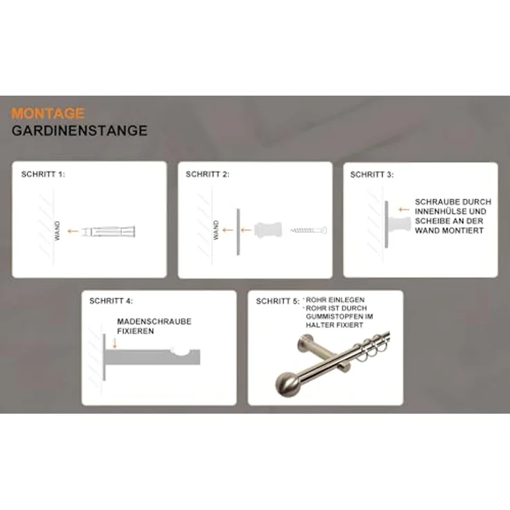 iso-design Gardinenstange Farbe Edelstahl Wandmontage 16 mm Endstück Kugel, Ø 16 mm, 1-läufig, Fixmaß, Metall, Rohr aus Edelstahl – Bild 7