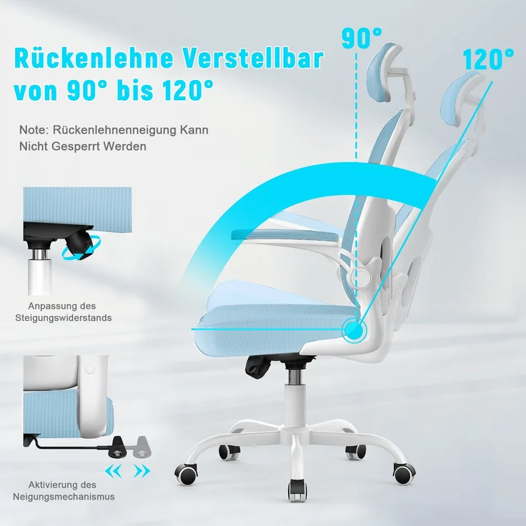 Botifly Ergonomischer Bürostuhl mit Kopfstütze, Mesh-Gewebe, Hellblau, 90°-120° Wippfunktion, 10 cm Höhenverstellbar – Bild 2